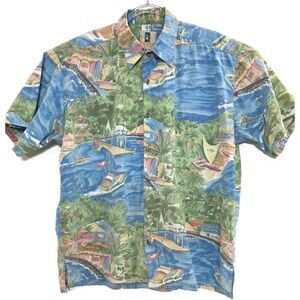 Kahala‎ Hawaiian Shirt Mens Large Blue Green Tropical Scenic Print Cotton Aloha